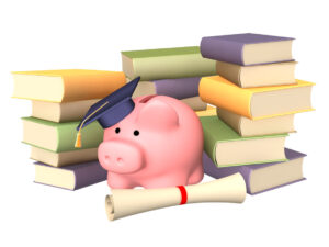 College Tuition and Means Test College Tuition and Means Test - Piggy bank with cap and books. Objects over white