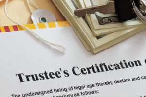 Bankruptcy Trustee certification abstract with dollars and key